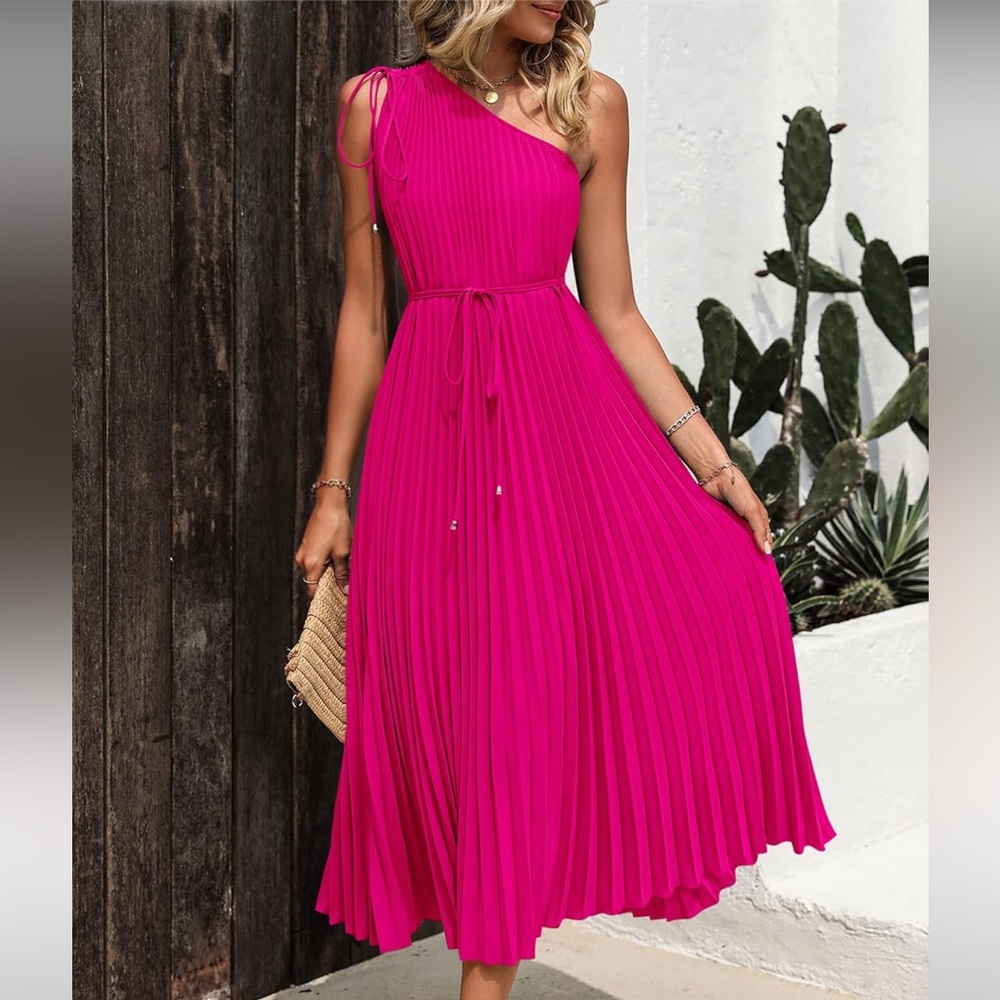 Off the shoulder pink pleated dress